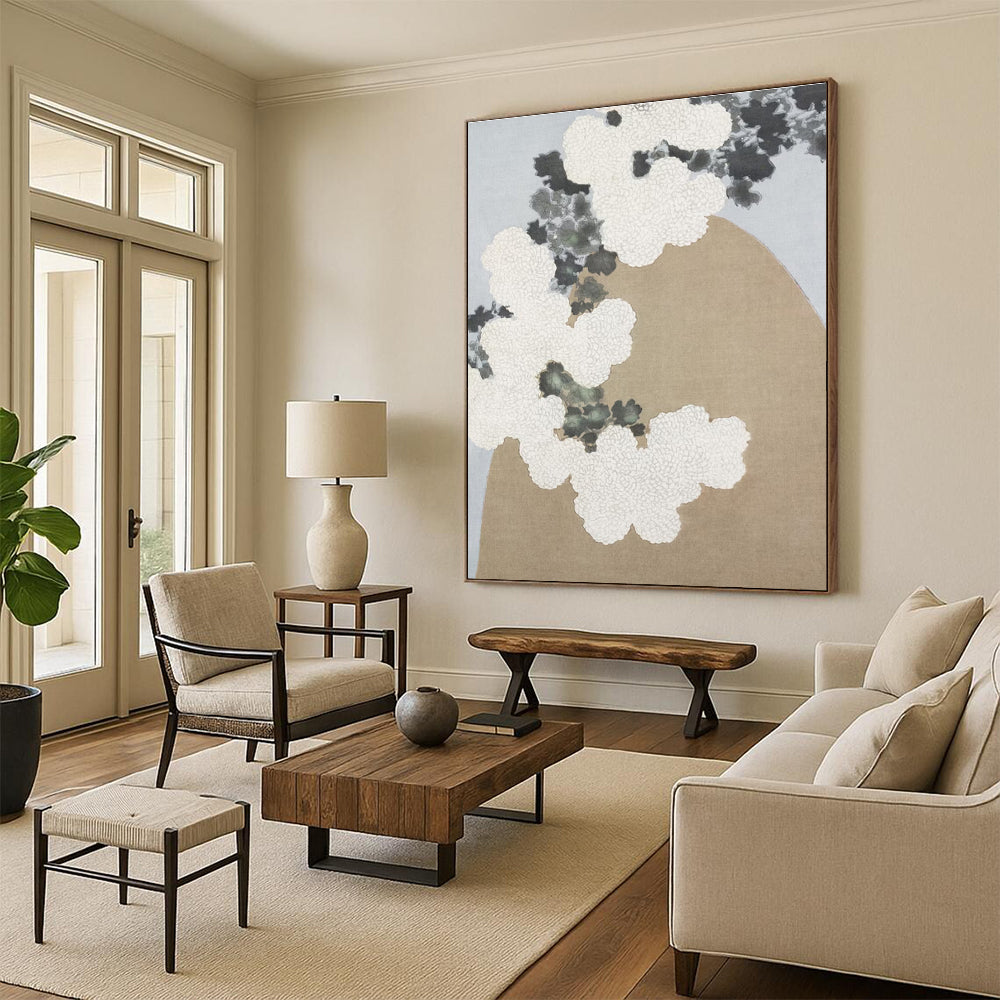 “White Blossoms & Beige Rock” - White, Gray, Beige Floral Abstract Painting On Canvas PS0750