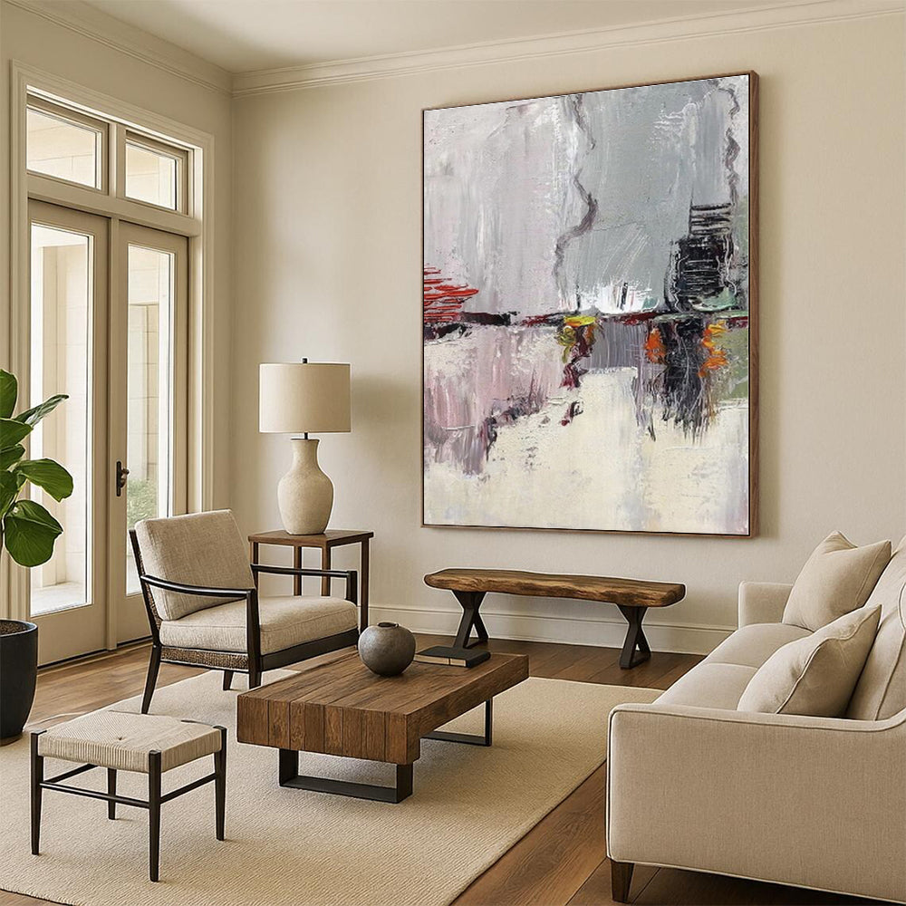 “Gray - Toned Abstract Scene” - Gray, Red, Yellow Abstract Landscape - Inspired Painting On Canvas PS0402