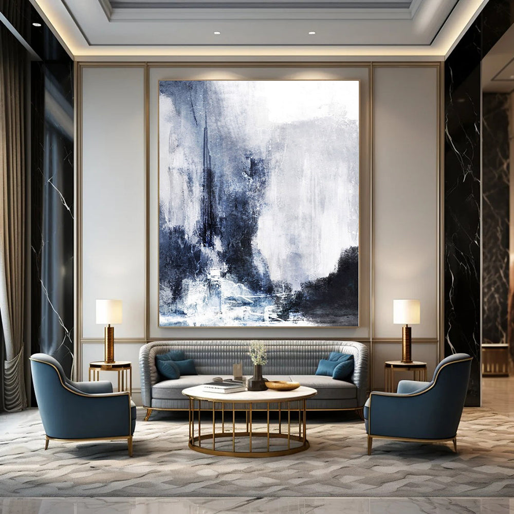 Blue, Gray and White with Moody Textures "Stormy Harbor" Abstract Landscape Painting On Canvas PS1132