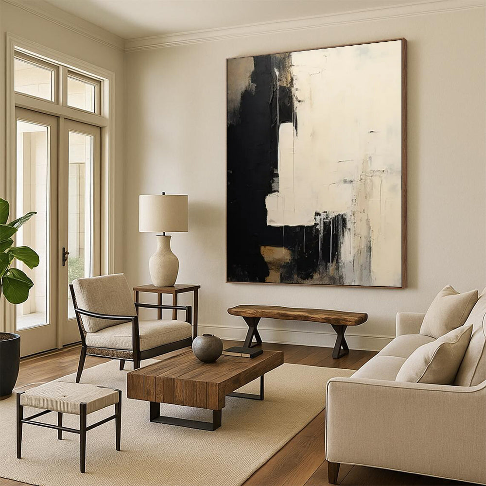 “Black and White Abstract Drama” - Abstract Expressionist Painting On Canvas PT2362