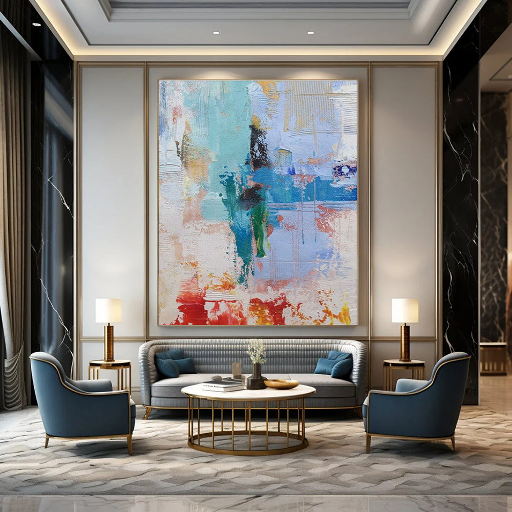 Blue, Green, Red, White, Orange with Energetic Strokes "Market Fiesta" Abstract Painting On Canvas PS1390