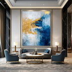 Blue, Gold, Gray, and White Bold, "Luminary Tide" – Abstract Seascape Painting On Canvas PS1009