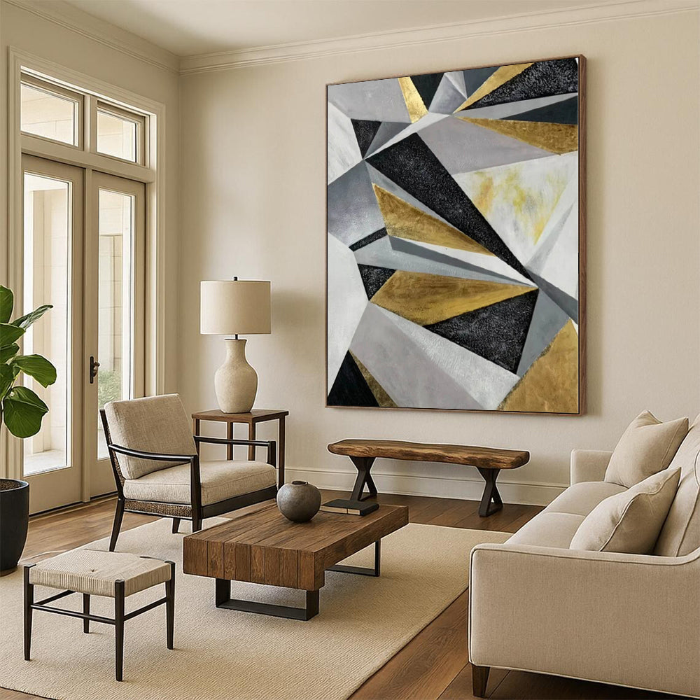 “Gold - Silver - Black Abstract Geometric Patterns” - Luxe Abstract Painting On Canvas PS0329
