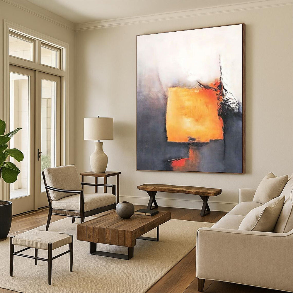 “Orange - Gray Abstract Block” - Orange, Gray, Red Abstract Minimalist Painting On Canvas PS0591