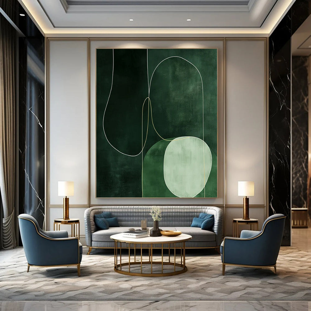 Green and White Abstract Lines, "Emerald Curves" – Abstract Line - Art Painting On Canvas PS0937