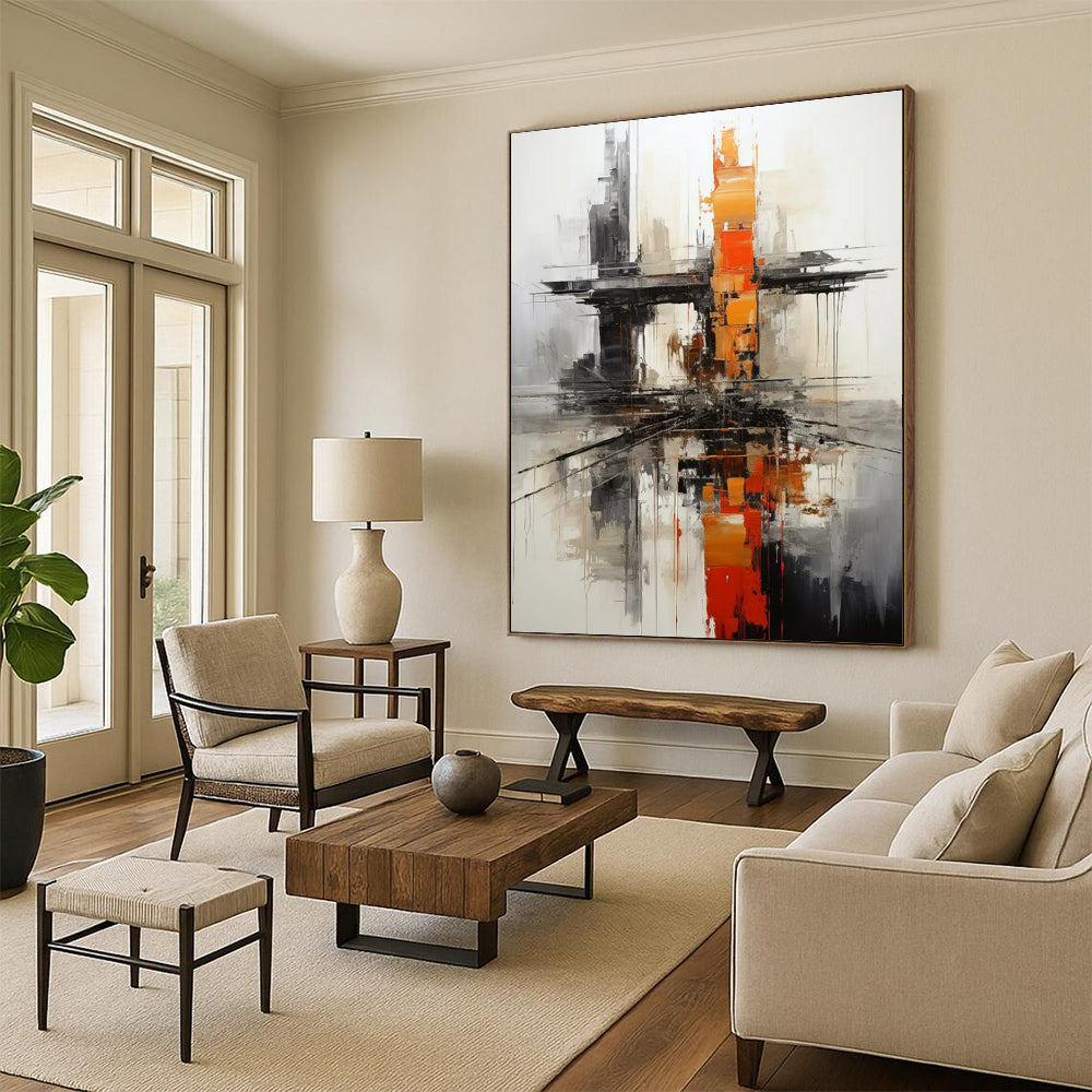 “Urban Abstract in Gray, Black, and Orange” - Industrial Abstract Painting On Canvas PT2265
