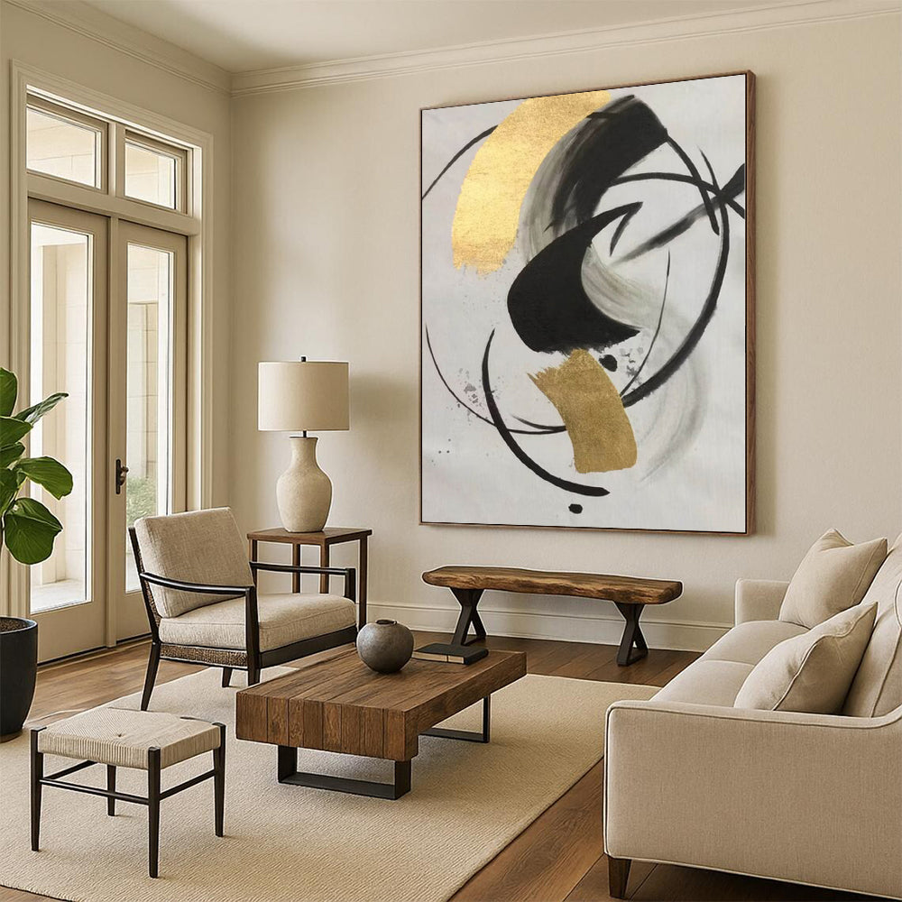 “Black - Gold Abstract Circular Shapes” - Minimalist Abstract Painting On Canvas PS0293