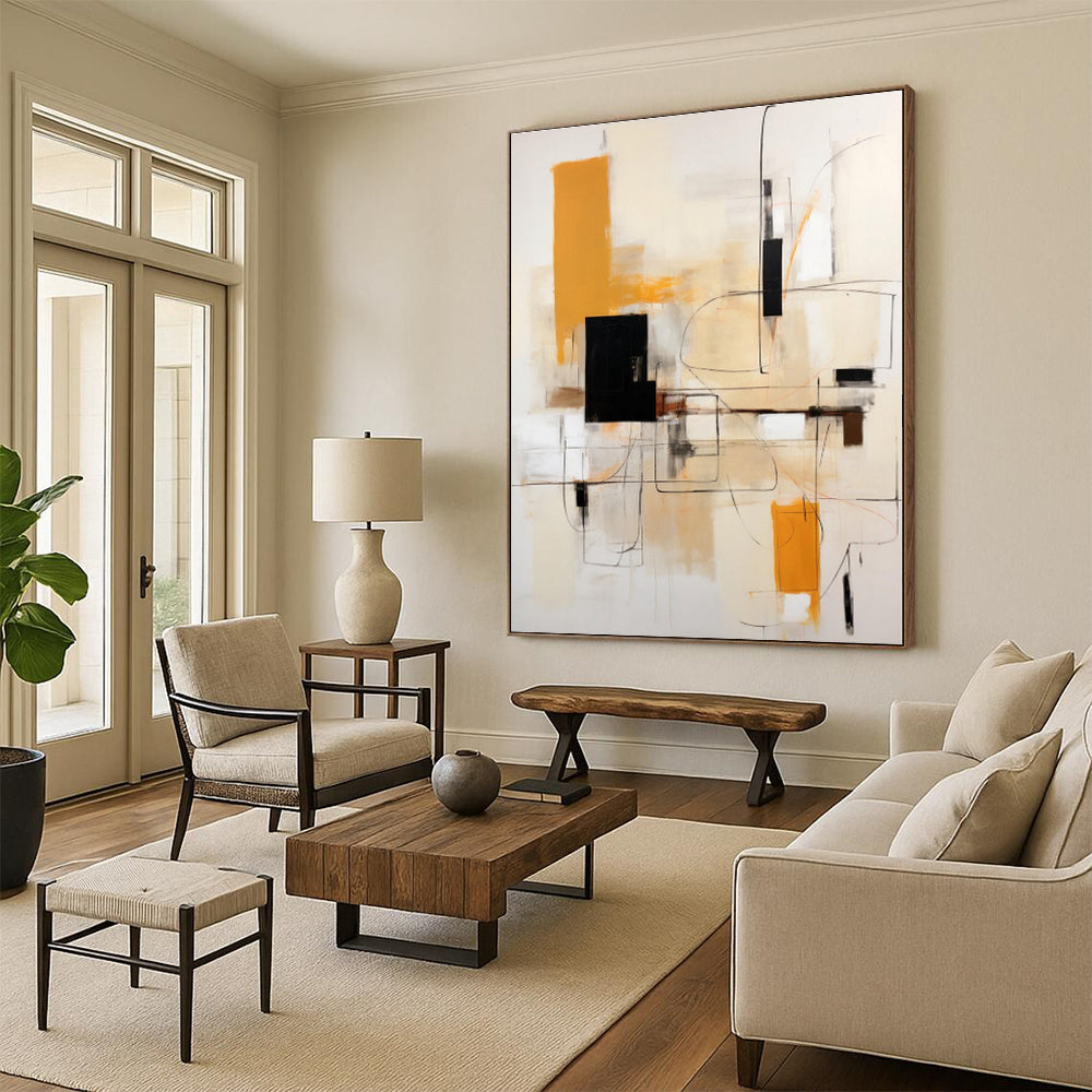 “Black, Orange & Beige Abstract Lines” - Abstract Geometric Painting On Canvas PS0404