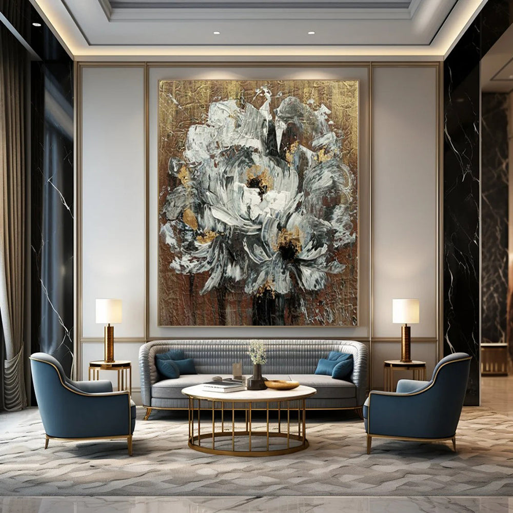 White, Gray, Gold with Textured Flowers "Gilded Blooms" Abstract Floral Painting On Canvas PS1194