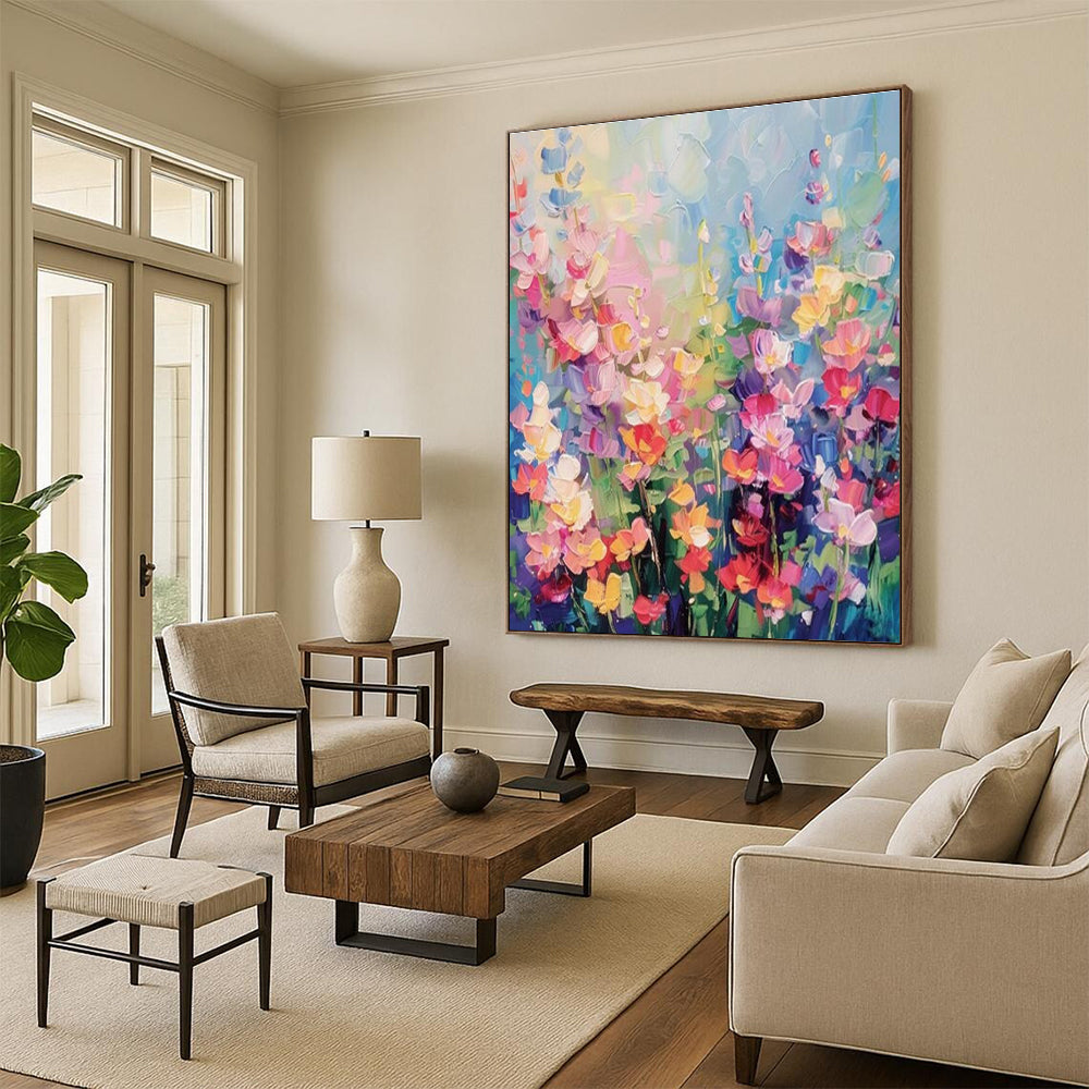 “Colorful Floral Field” - Multicolor Abstract Floral Painting On Canvas PS0694