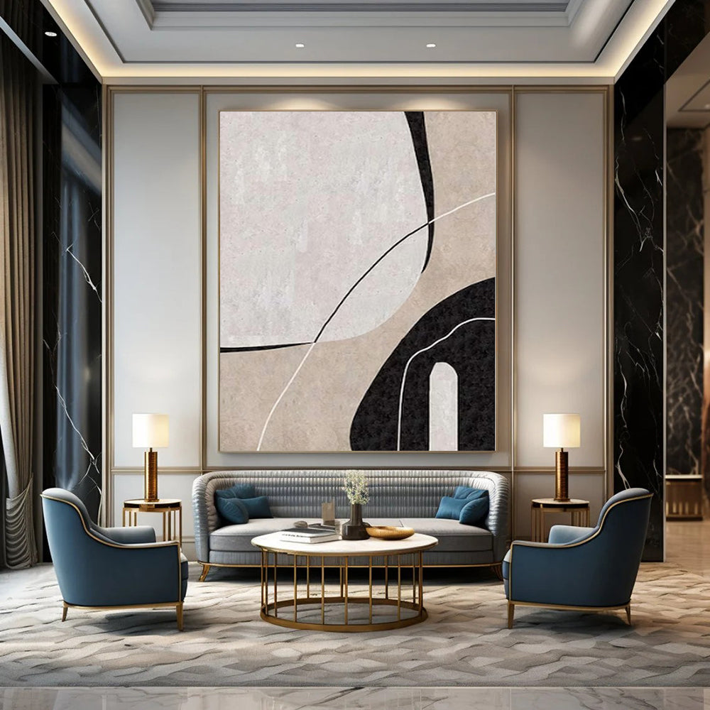 Beige, Black and White with Curved Line Forms "Organic Flow" Abstract Painting On Canvas PS1162