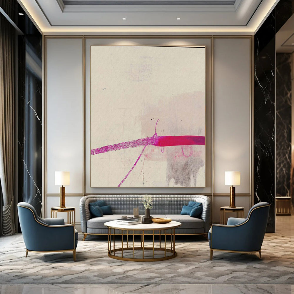 Light Pink, Gray, and Magenta Lines "Subtle Splash" Abstract Line - Based Painting On Canvas PS1045