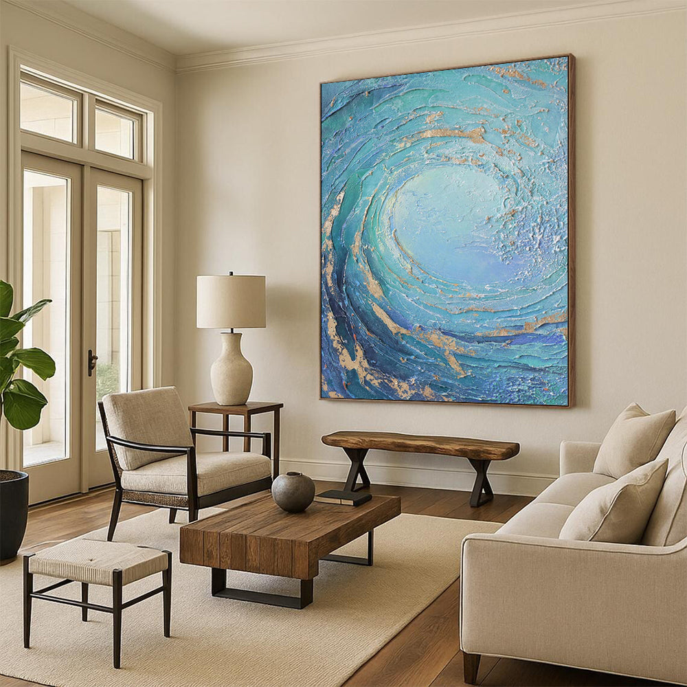 “Teal and Gold Swirl” - Textured Abstract Wave Painting On Canvas DS332