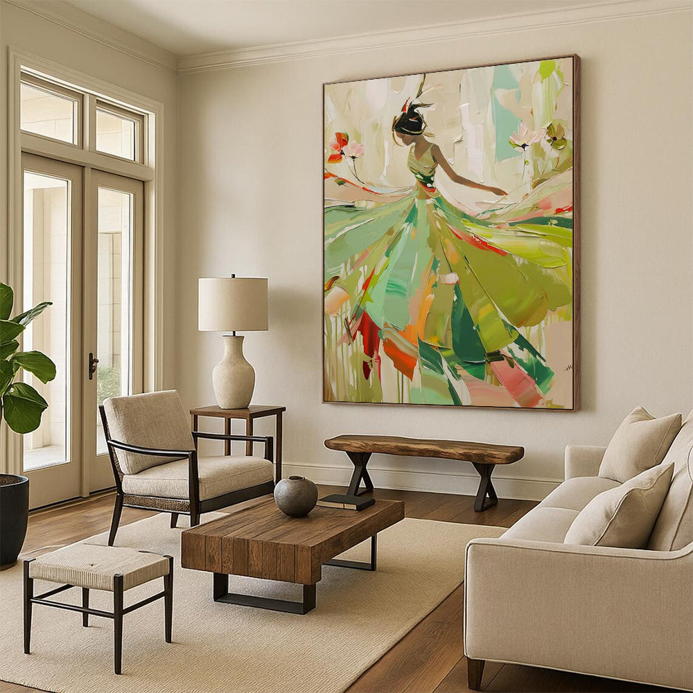 Graceful Lady in Green Dress Textured Painting On Canvas DS082