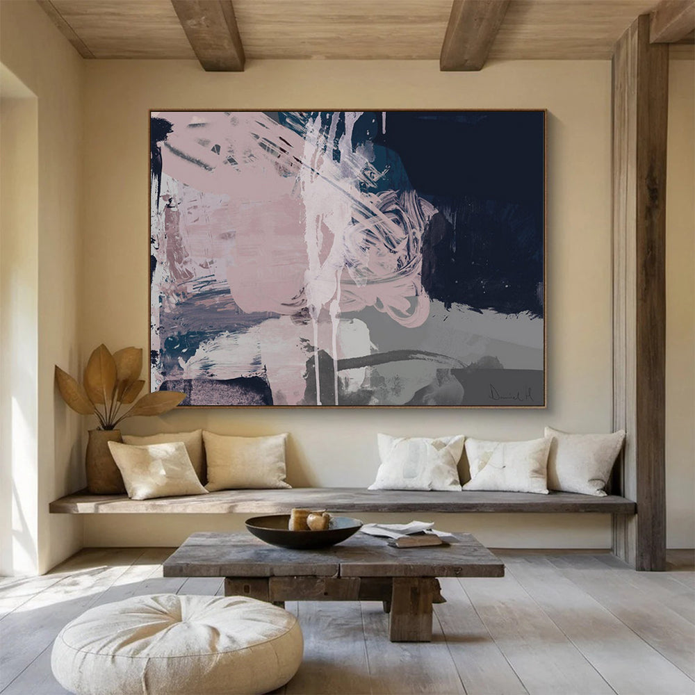 “Blush and Navy Abstract Fusion” - Subtle Abstract Painting On Canvas PT142