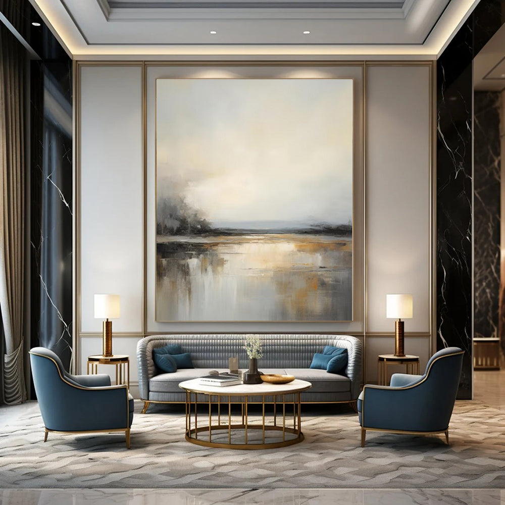 Gray, Beige, Gold with Reflective Landscape "Muted Reflections" Landscape Painting On Canvas PS1284