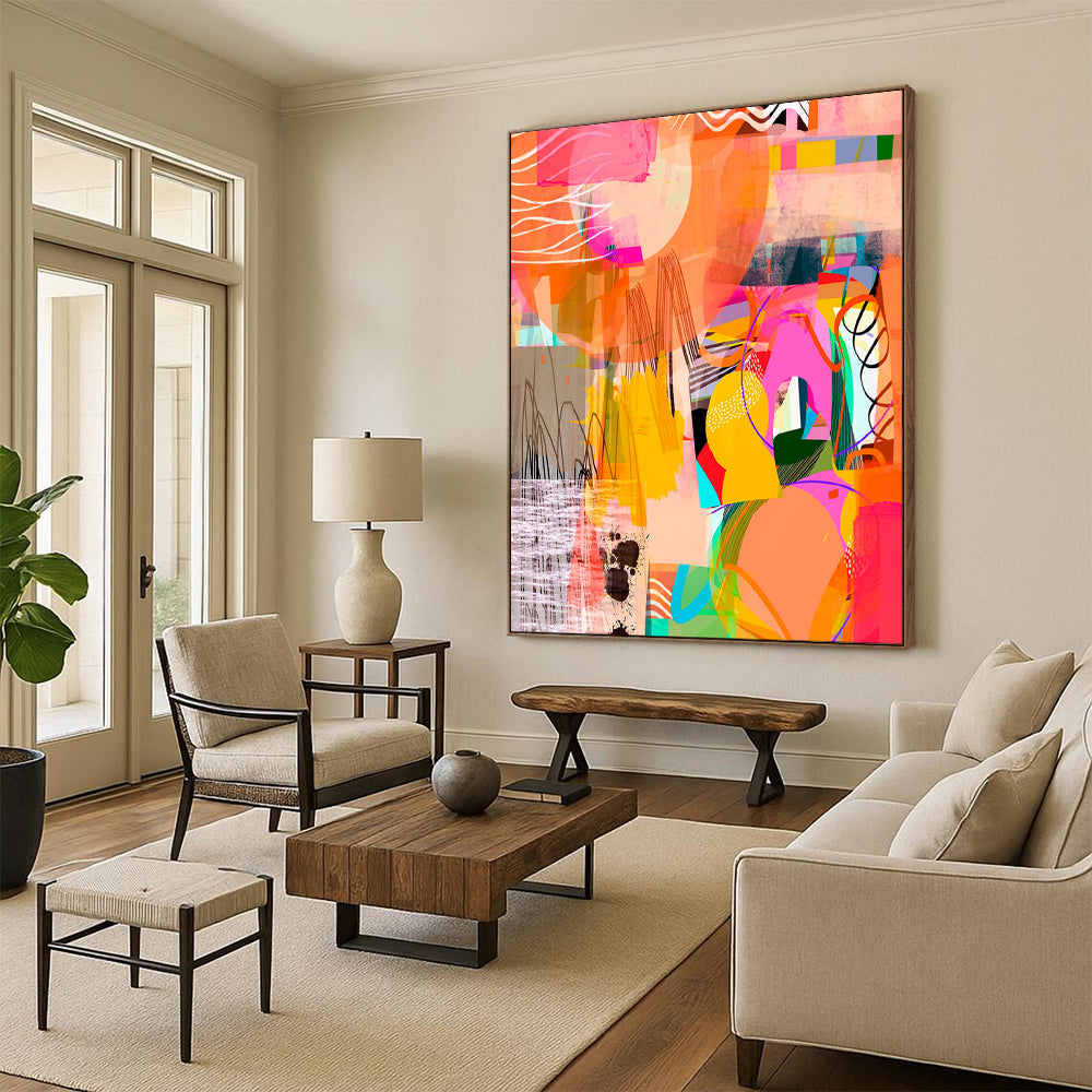 “Vibrant Orange - Pink Abstract Collage” - Modern Collage - Style Painting On Canvas PT1841