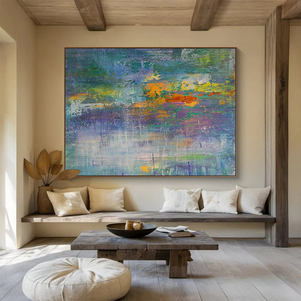 “Colorful Abstract Horizon” - Blue, Green & Orange Abstract Landscape, Expressive Oil Painting On Canvas DKS714
