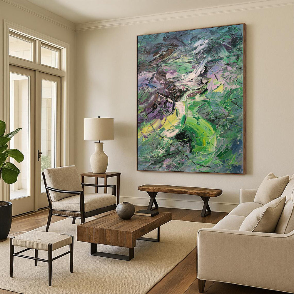 “Green - Purple Abstract Energetic Strokes” - Vivid Abstract Painting On Canvas PS0353
