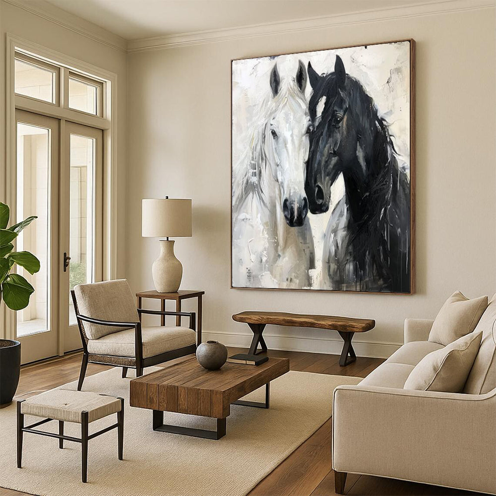 Black - White Horse Duo, Impasto Realist, Remington - Inspired, Painting On Canvas PT2122