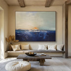 Sunset on Blue: Blue, Gray & Orange Abstract Landscape Painting for Beach House & Art - Inspired Library DKS650