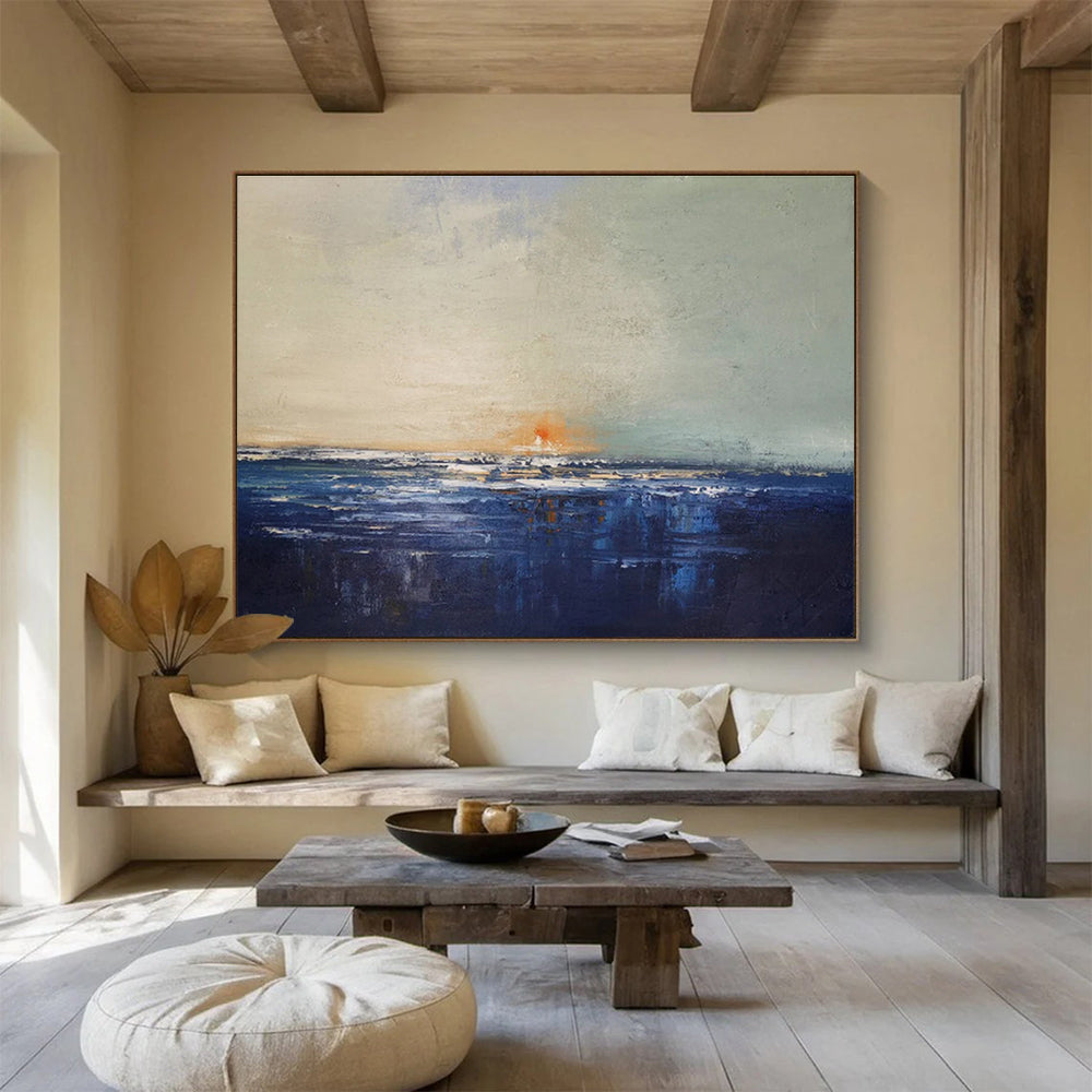 Sunset on Blue: Blue, Gray & Orange Abstract Landscape Painting for Beach House & Art - Inspired Library DKS650