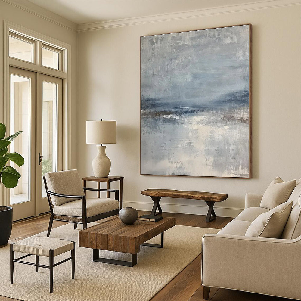 Blue, Gray & White Abstract Landscape "Misty Coast" Painting On Canvas PS0860