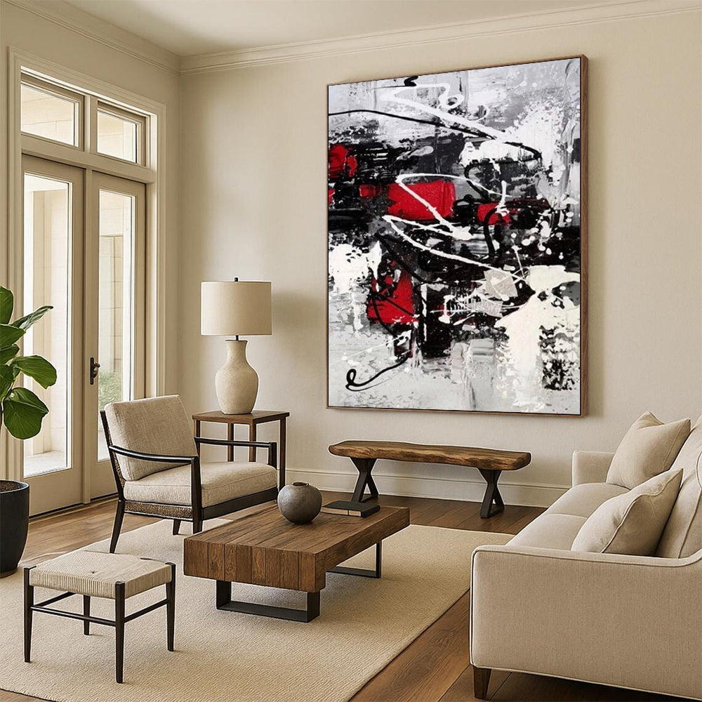 “Dynamic Red, Black, and White Abstract” - Energetic Abstract Painting On Canvas DS383