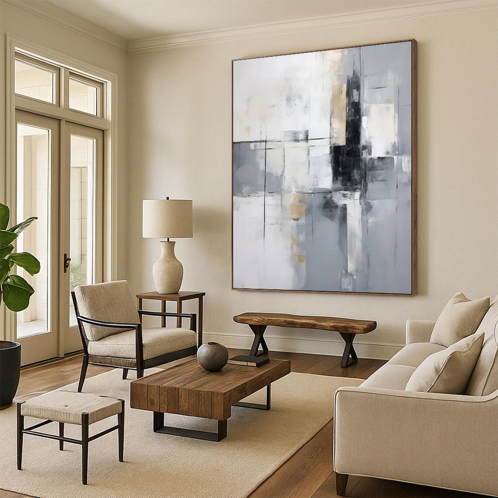 “Monochrome Grid” - Subtle Gray Tones & Geometric Lines Painting On Canvas DS138