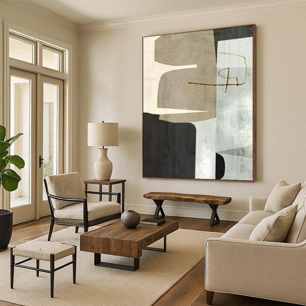 “Beige - Black Geometric” - Modernist Abstract Painting On Canvas PT2319