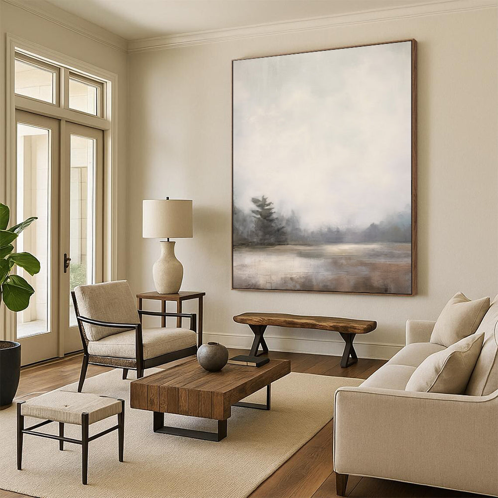 “Misty Lakeside Forest in Soft Neutrals” - Landscape Painting On Canvas PT2058