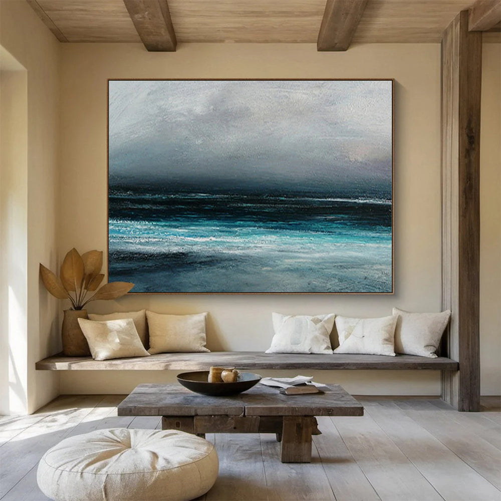 “Moody Coastal Landscape in Grays and Blues” - Atmospheric Oil Painting On Canvas PT035