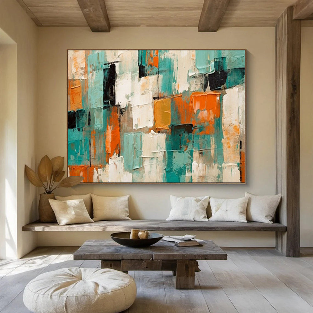 “Teal - Orange - White Abstract” - Abstract Color Block - Painting On Canvas PT1721