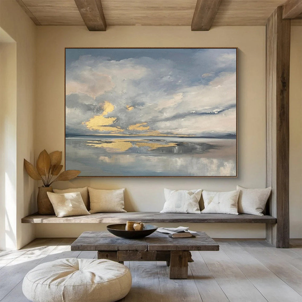 “Gray - Gold Sky Reflection” - Landscape Painting On Canvas PT253