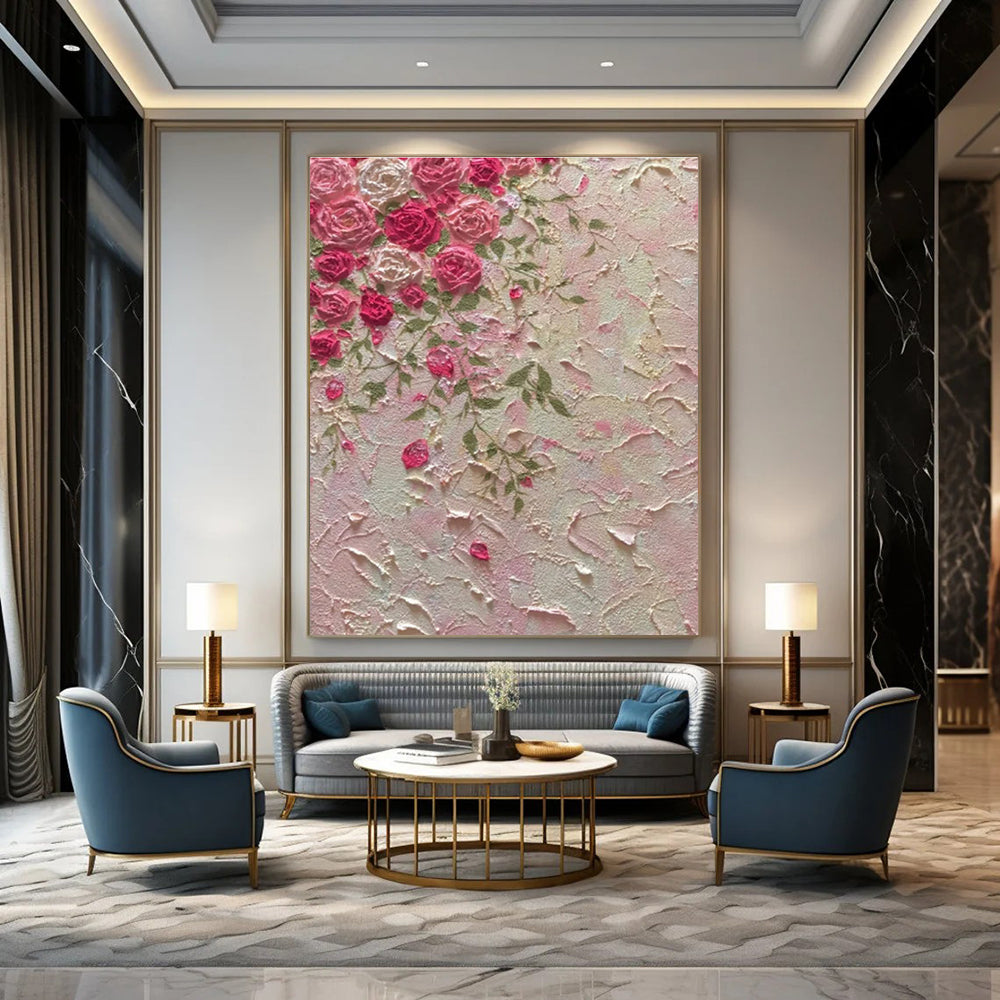 Pink, Green with Textured Roses "Tactile Blooms" Abstract Painting On Canvas PS1450