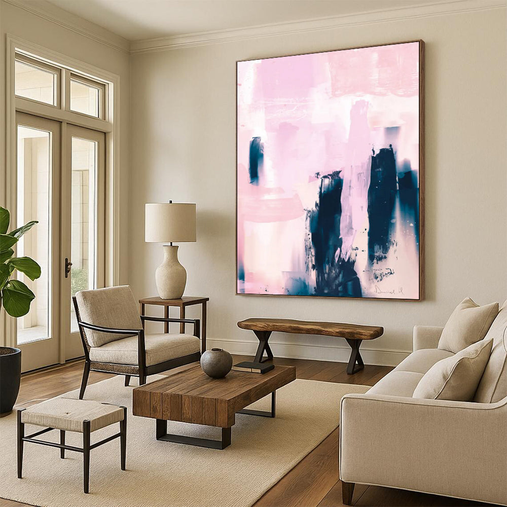 “Pink & Indigo Abstract Towers” - Soft Hues & Bold Forms Painting On Canvas DS179