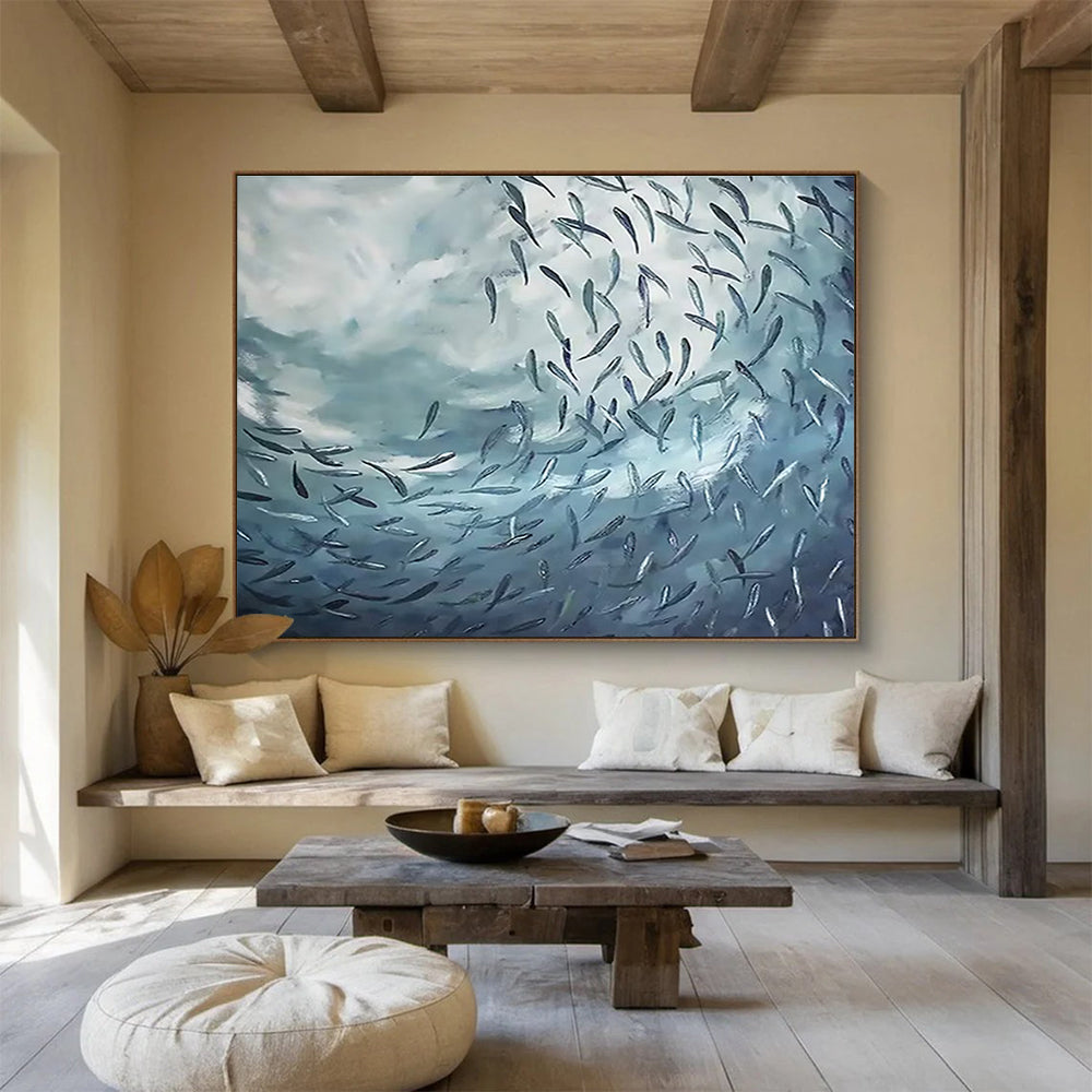 “School of Fish in Blue” - Impressionistic Oil Painting On Canvas DKS792