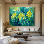“Yellow Flowers in Green” - Impasto Oil Painting On Canvas DKS799