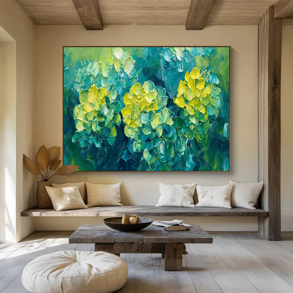 “Yellow Flowers in Green” - Impasto Oil Painting On Canvas DKS799