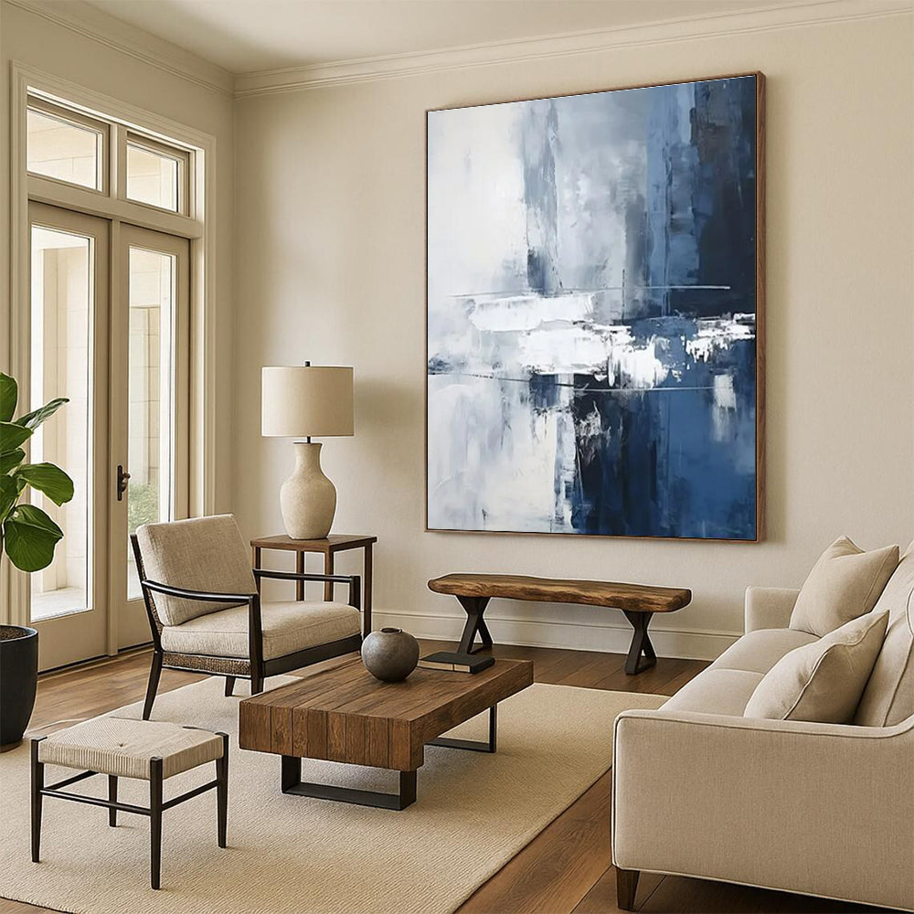 Blue, Gray & White Subtle Abstract "Ocean Mist" Painting On Canvas PS0851