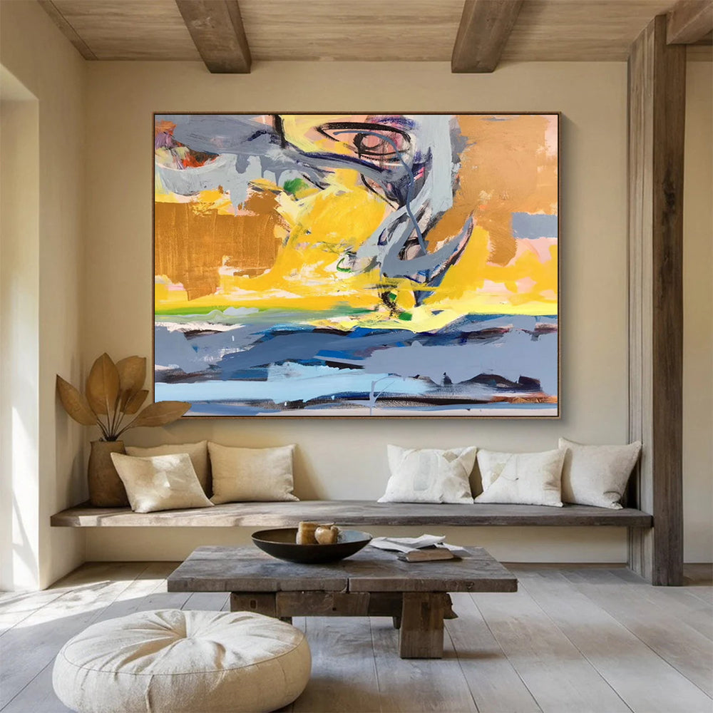 “Dynamic Abstract Coastal in Yellows, Grays & Blues” - Energetic Modern Oil Painting On Canvas PT034