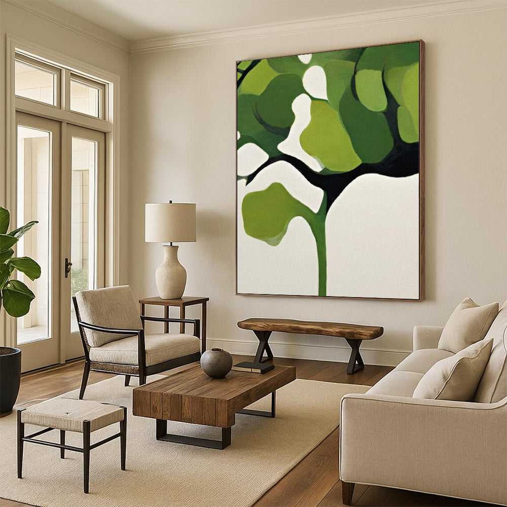 “Green and White Minimalist Tree” - Geometric Botanical Painting On Canvas PT2254
