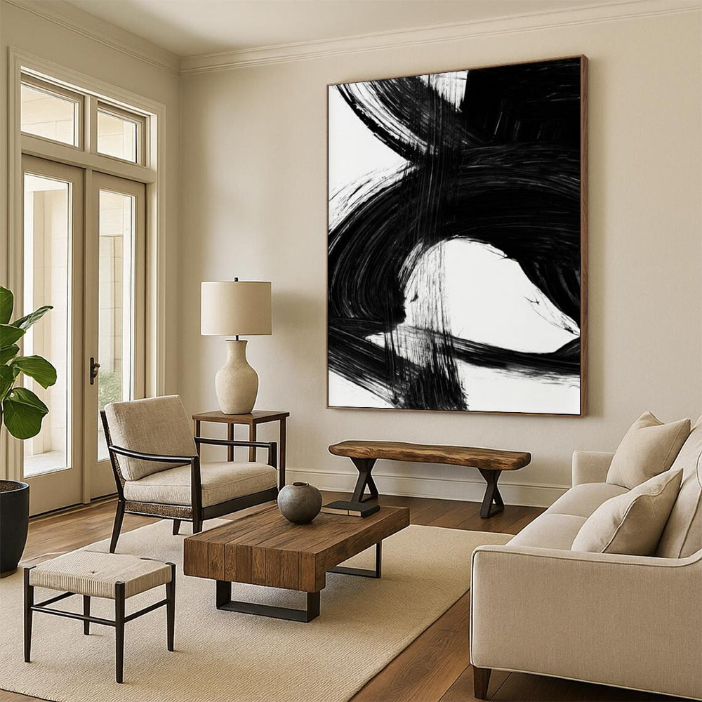 “Swirling Black Ink” - Intricate, Curved Strokes on White Canvas Painting On Canvas DS196