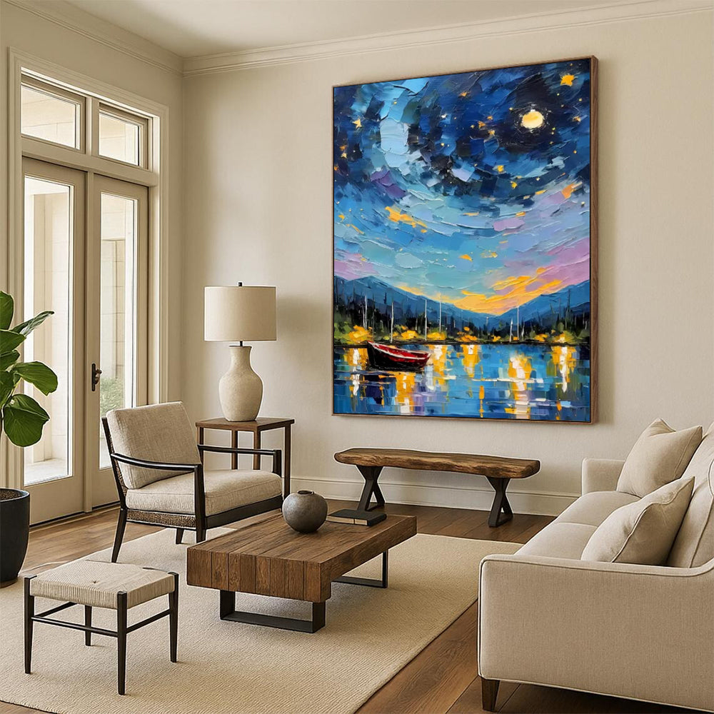 “Colorful Impasto Night Sky Harbor” - Impasto Landscape Painting On Canvas PT1886