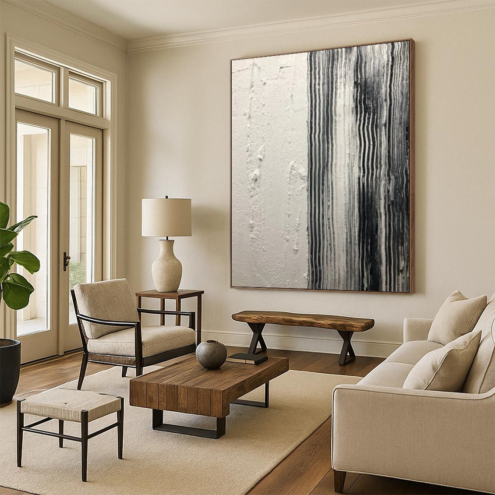 “Black and White Vertical Textured Stripes” - Minimalist Abstract Painting On Canvas DS382