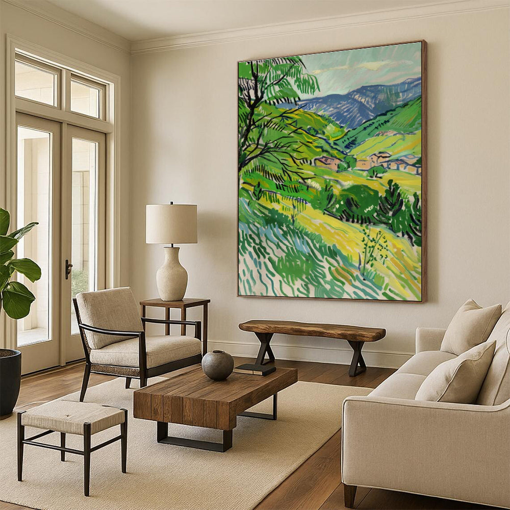 Green Valley, "Mountain Village Greens" – Post - Impressionist Landscape Painting On Canvas PS0881
