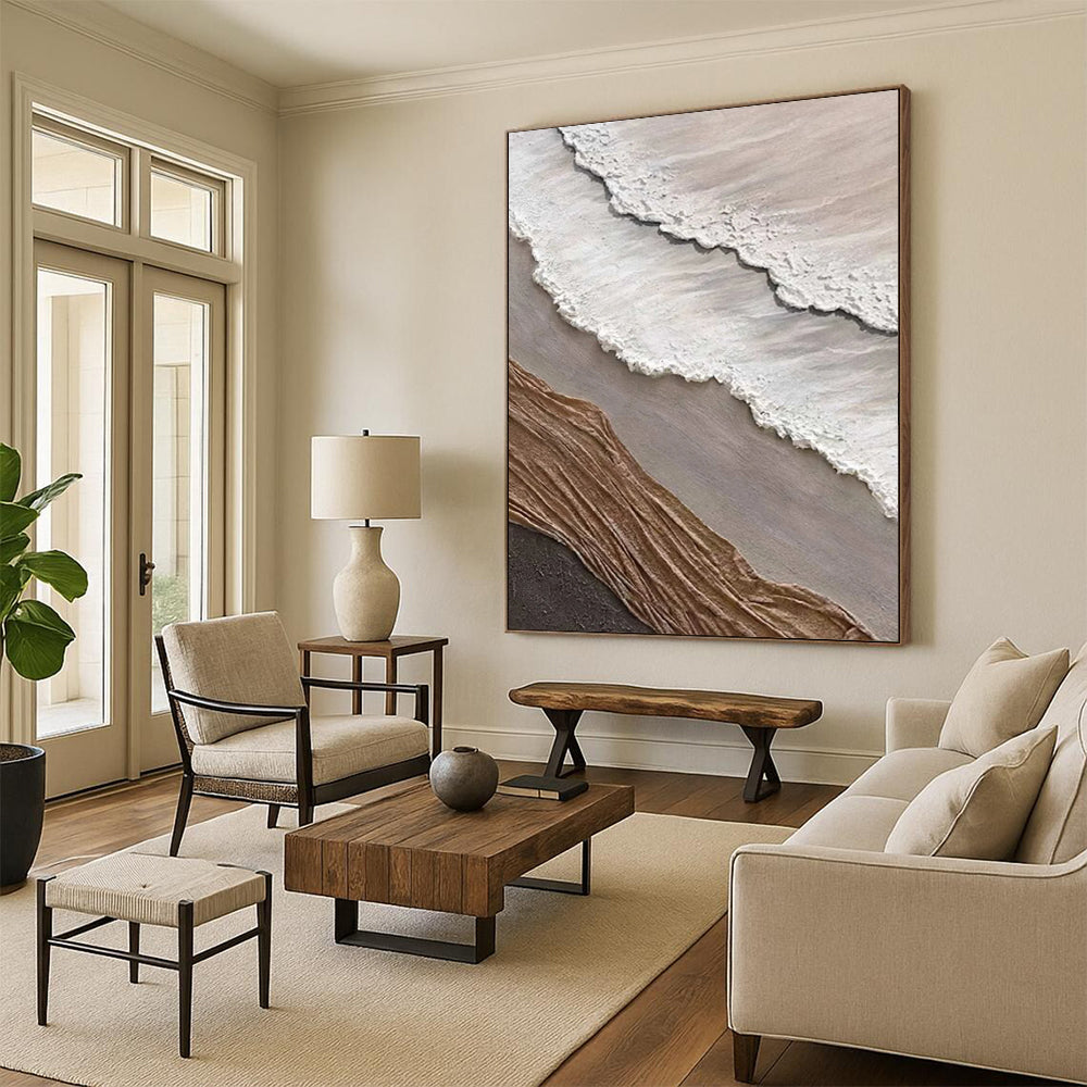 “White, Grey, and Brown Textured Wave Collage” - Mixed - Media Coastal Painting On Canvas DS344