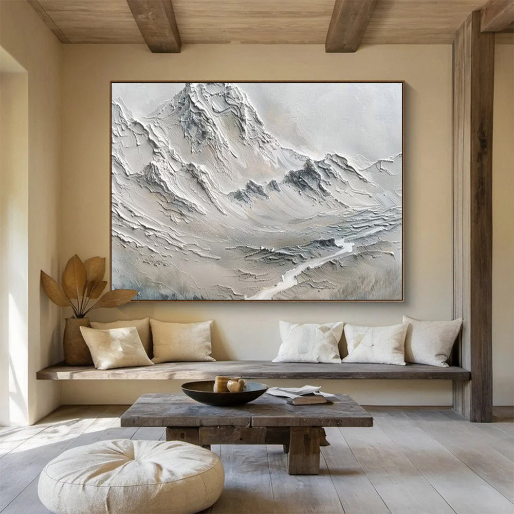 “Monochrome Textured Mountains” - Minimalist Sculptural Painting On Canvas DKS457