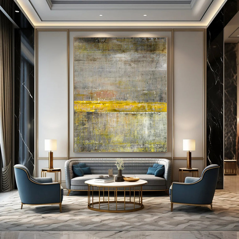 “Gray - Yellow Abstract Divide” - Industrial Abstract Painting On Canvas PS0213