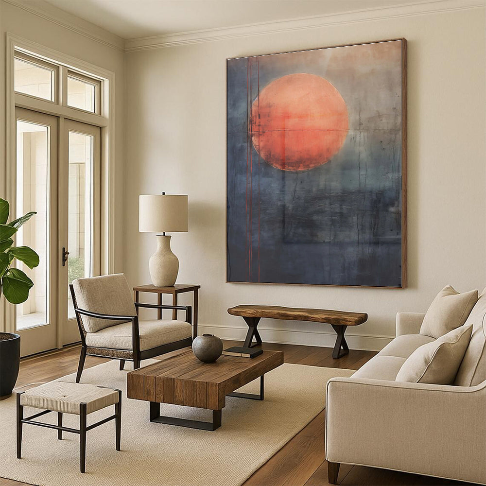 “Red - Gray Abstract Sun” - Red, Gray Abstract Painting On Canvas PS0452